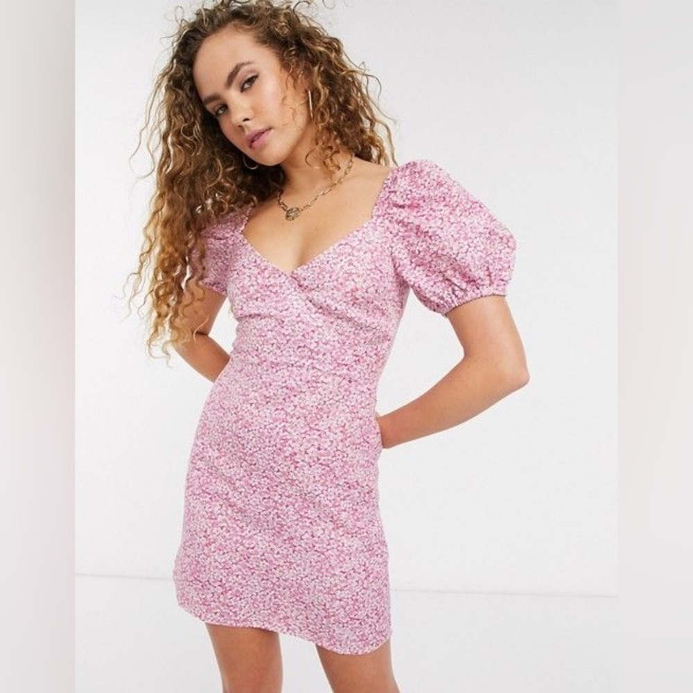 & Other Stories Puff Sleeve Linen Blend Mini Dress Pink Ditsy Floral 4 NEW